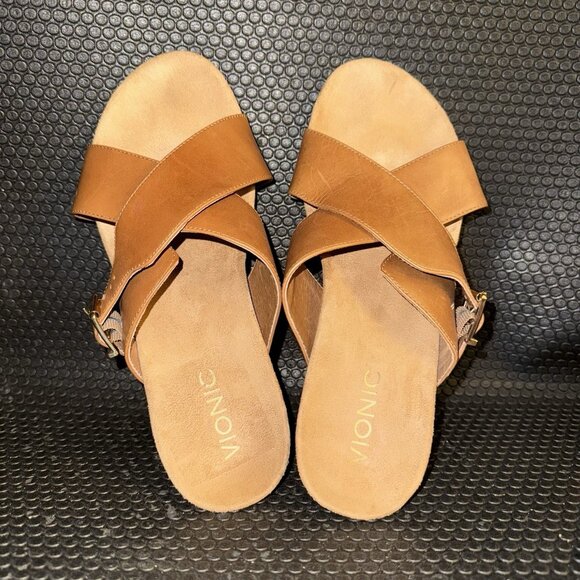Vionic Libbie Brown Leather Criss Cross Wedge Sandals Shoes Women's Size 8 - Picture 6 of 9